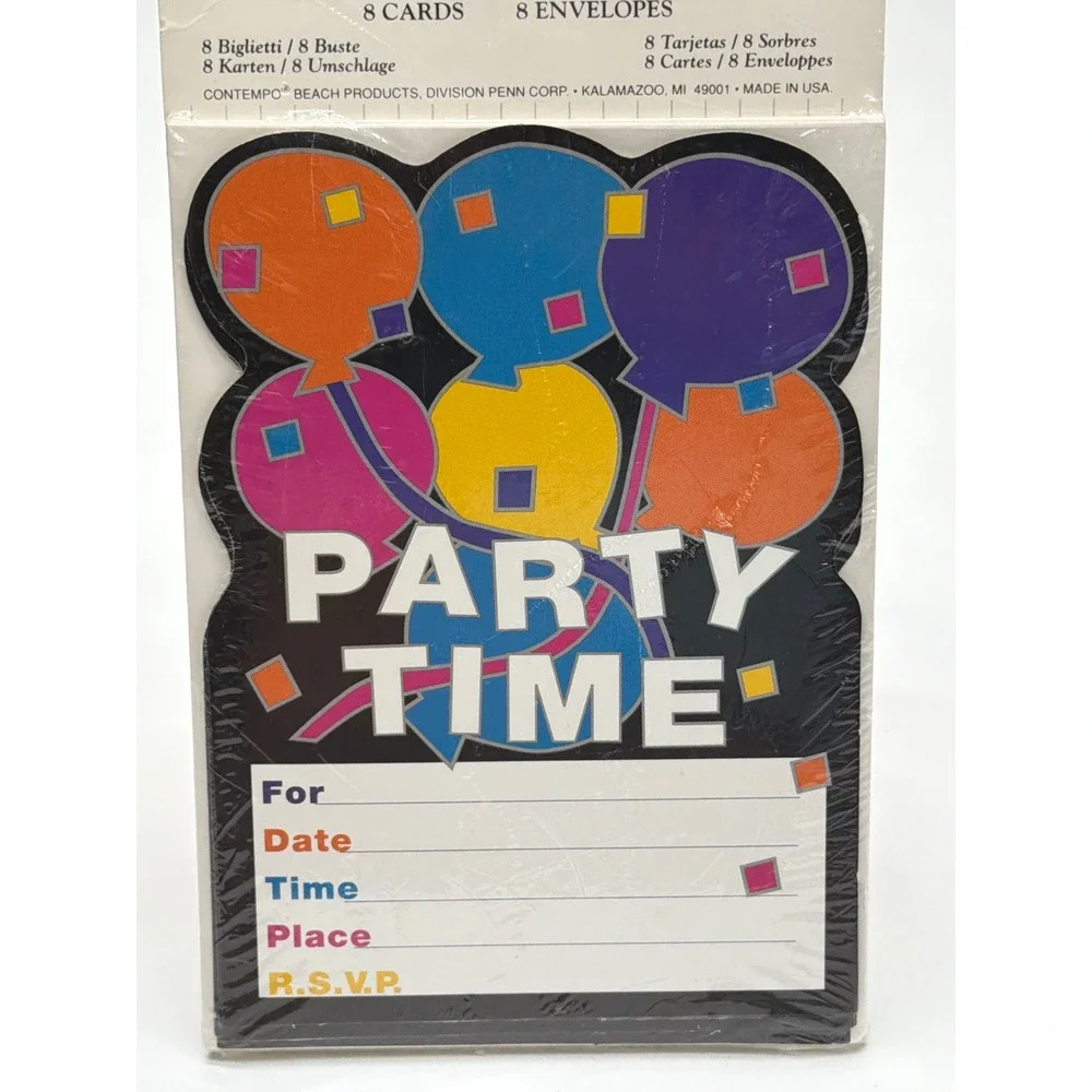 Contempo Party Time Invitations 8 Count Balloons Die Cut Vintage Sealed